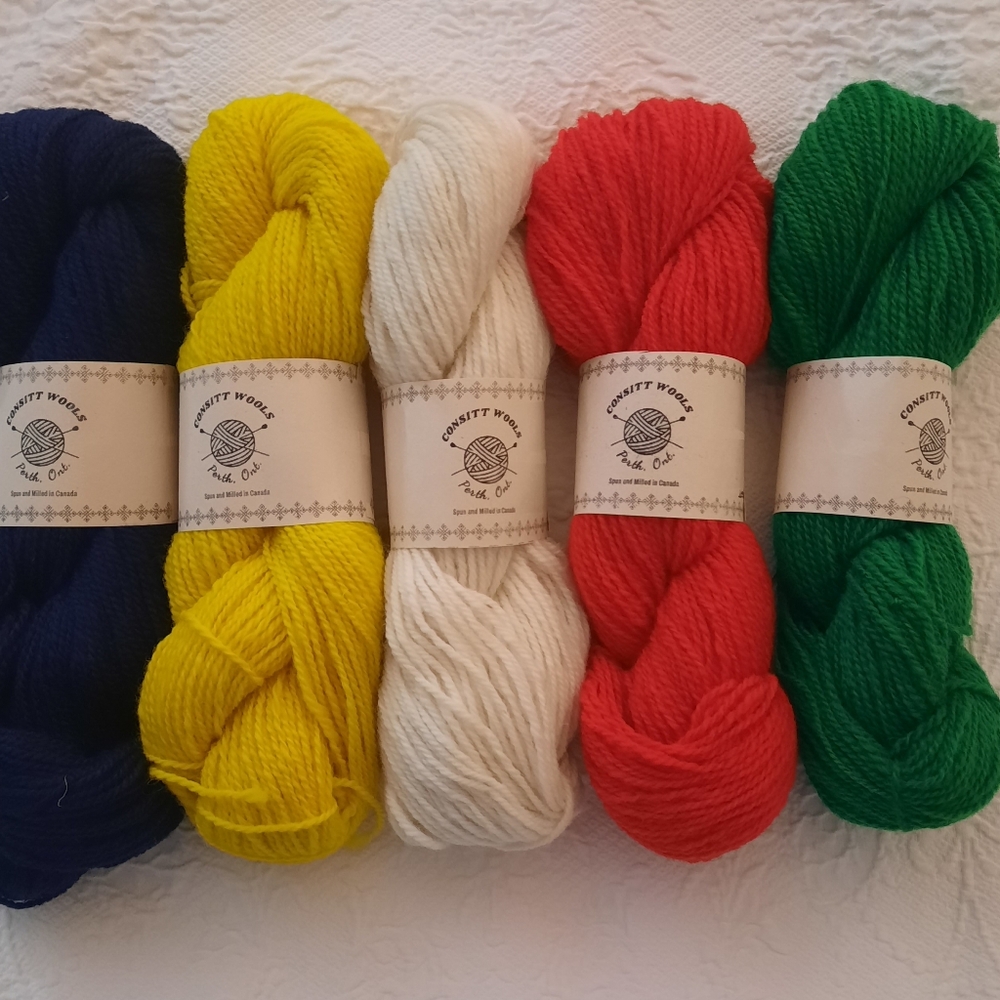 CONSITT WOOLS 2ply 100% Canadian WOOL BUNDLE of the 5 SKEINS in Iconic Colours